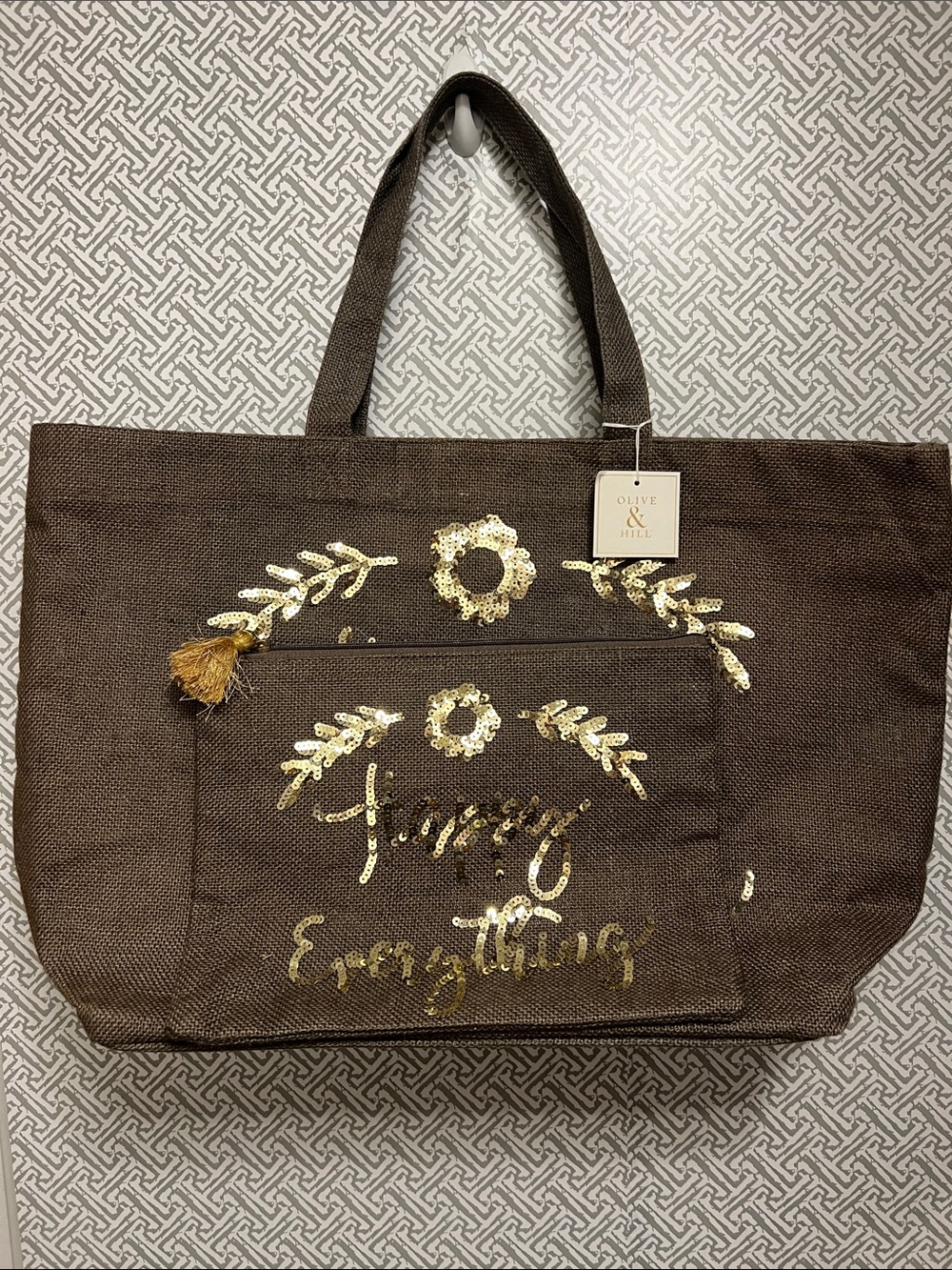 Olive and Hill Jute Burlap Brown Sequin Tote- Happy Everything